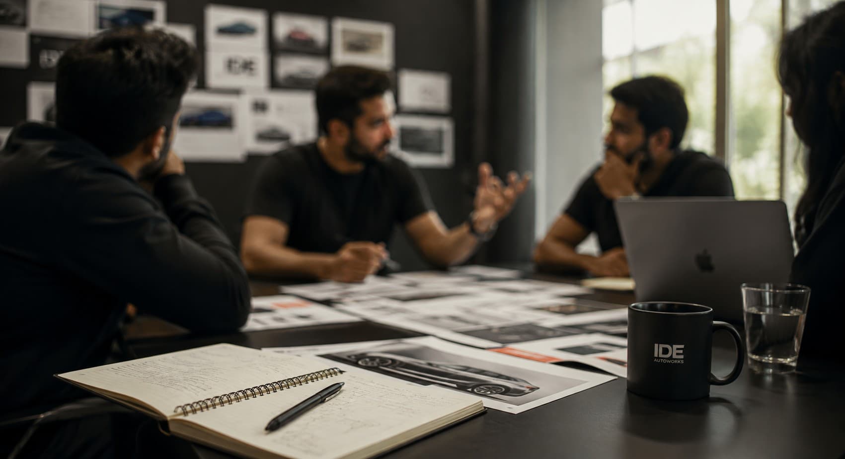The IDE design team reviewing sketches and reference images around a table